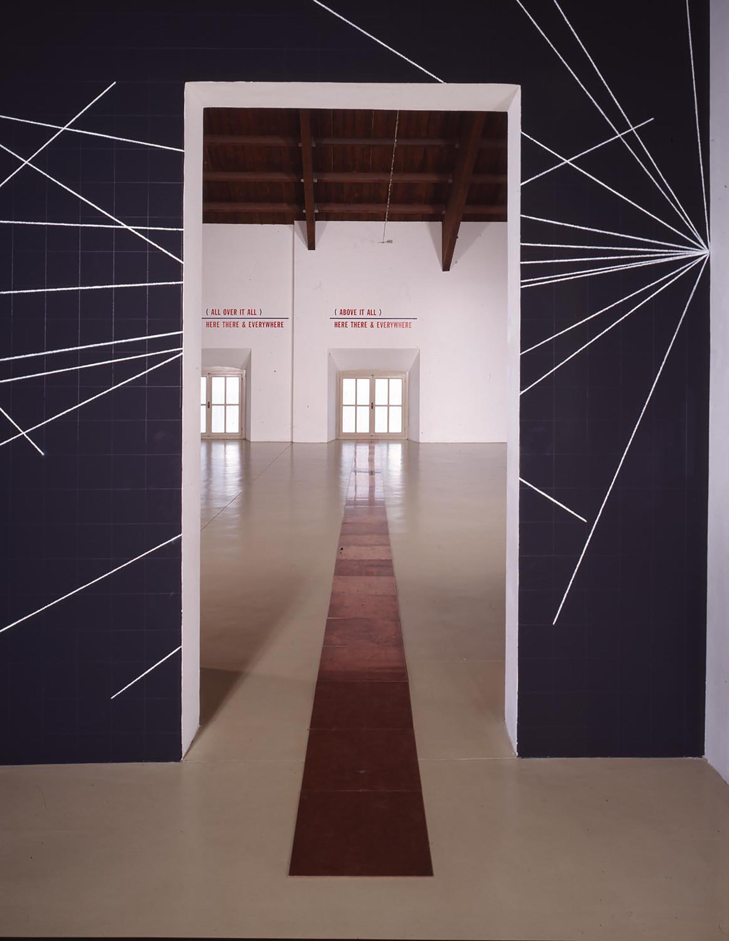 Sol LeWitt, A six inch (15 cm) grid covering each of the four black walls. White lines to points on the grids. 1st wall: 24 lines from the center; 2nd wall: 12 lines from the midpoint of each of the sides; 3rd wall: 12 lines from each corner; 4th wall: 24 lines from the center, 12 lines from the midpoint of each of the sides, 12 lines from each corner, 1976; Carl Andre, Twenty-Ninth Copper Cardinal, 1975 and Lawrence Weiner, Here, There u0026 Everywhere, 1989